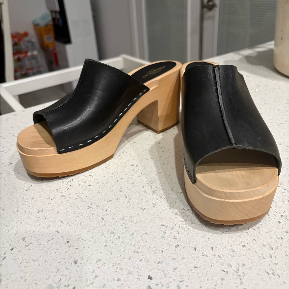 Swedish Hasbeens Black Leather Open-Toe Wooden Platform Clogs